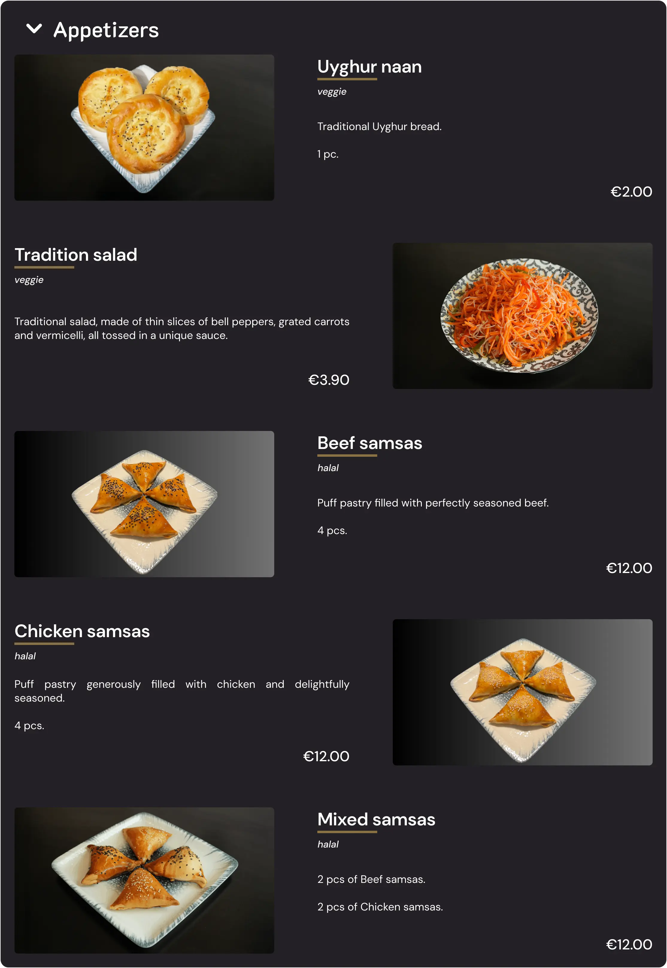 Gulja Uyghur menu page — desktop view